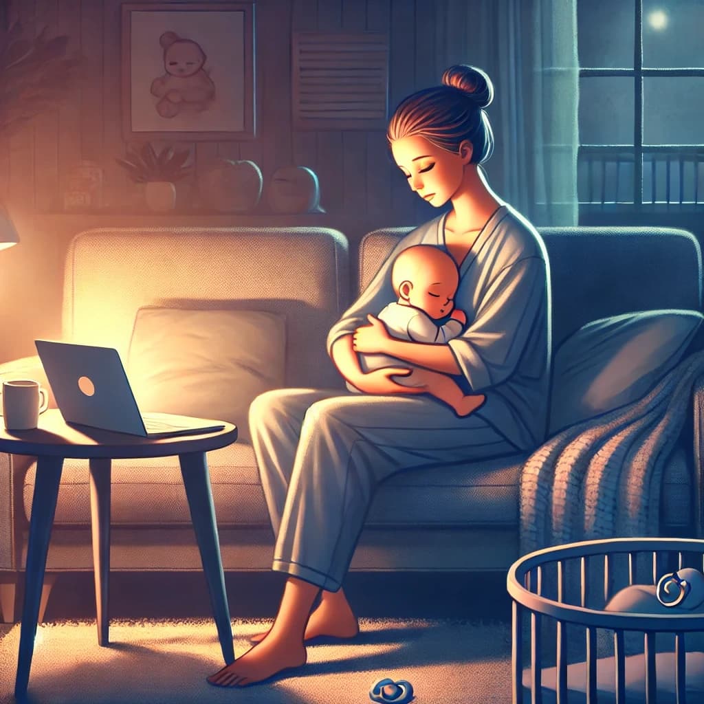 Mom holding sleeping baby looking at laptop
