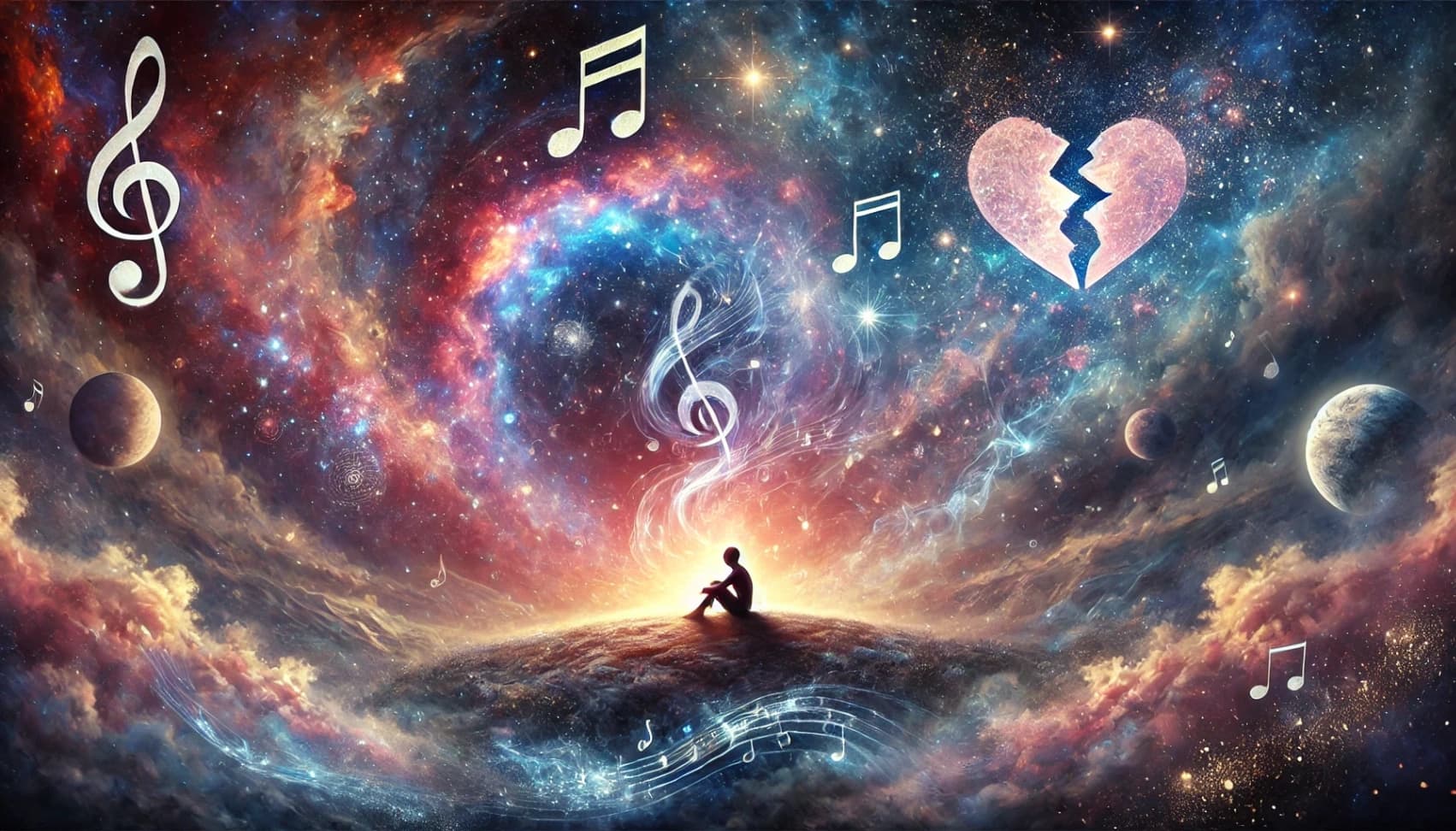 cosmic photo with human silhouette with music and a broken heart image above 