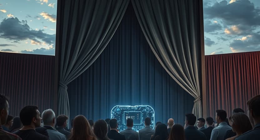 audience watching curtain being pulled back to show futuristic computer circuit